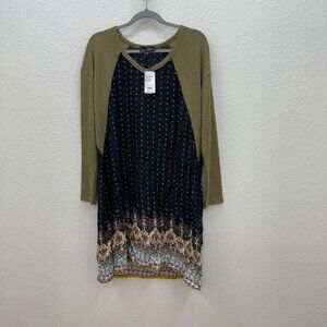 Suzanna Betro Mixed Print Long Waffle Knit Sleeve Tunic Dress Womens Large NEW